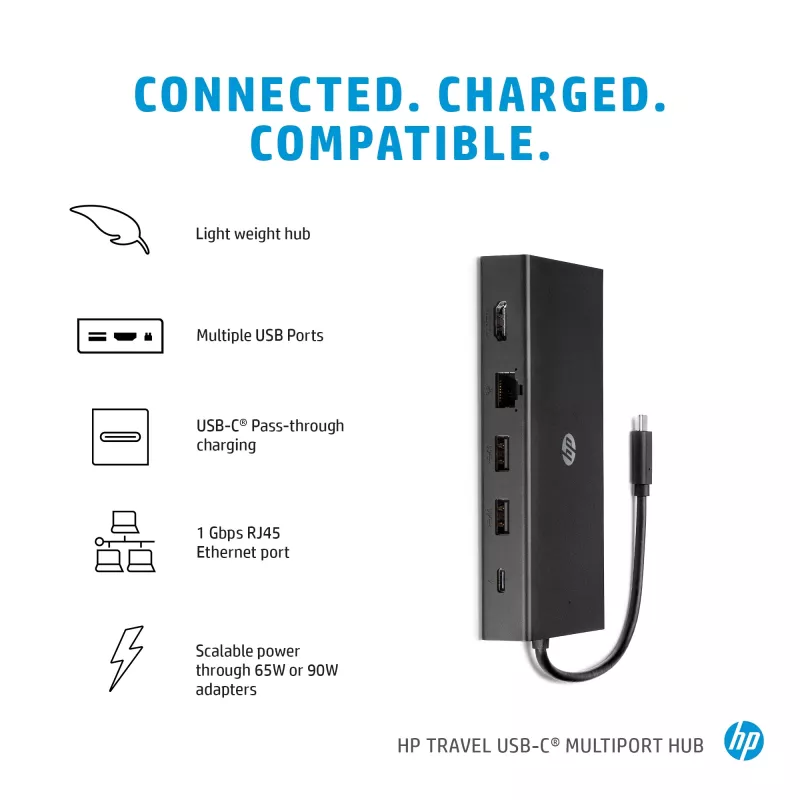 USB-C Multi Port Hub HP Travel – HP 1C1Y5AA, USB-C host, HDMI 2.0, VGA, 1×RJ-45, 2×USB-A 3.2 Gen1, 2×USB 2.0, MicroSD lugeja, must