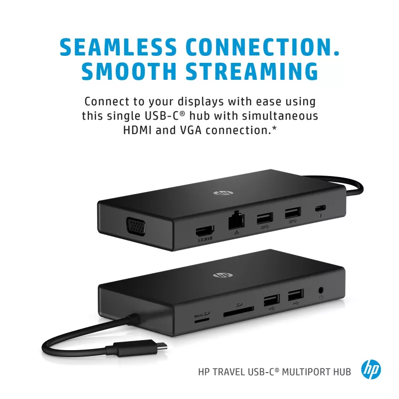 USB-C Multi Port Hub HP Travel – HP 1C1Y5AA, USB-C host, HDMI 2.0, VGA, 1×RJ-45, 2×USB-A 3.2 Gen1, 2×USB 2.0, MicroSD lugeja, must