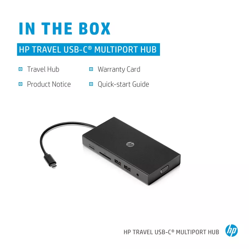 USB-C Multi Port Hub HP Travel – HP 1C1Y5AA, USB-C host, HDMI 2.0, VGA, 1×RJ-45, 2×USB-A 3.2 Gen1, 2×USB 2.0, MicroSD lugeja, must