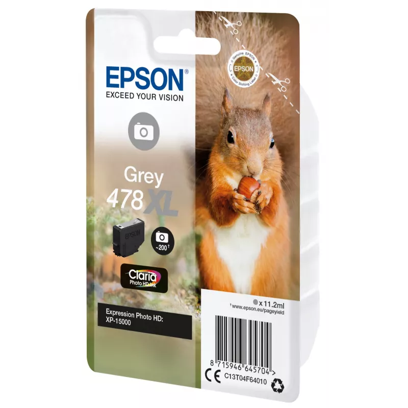 Epson Squirrel Singlepack Grey 478XL Claria Photo HD tint, suure (XL) mahutavusega, hall, pigipõhine tint, 11,2 ml, 1 tk, 200 lehekülge