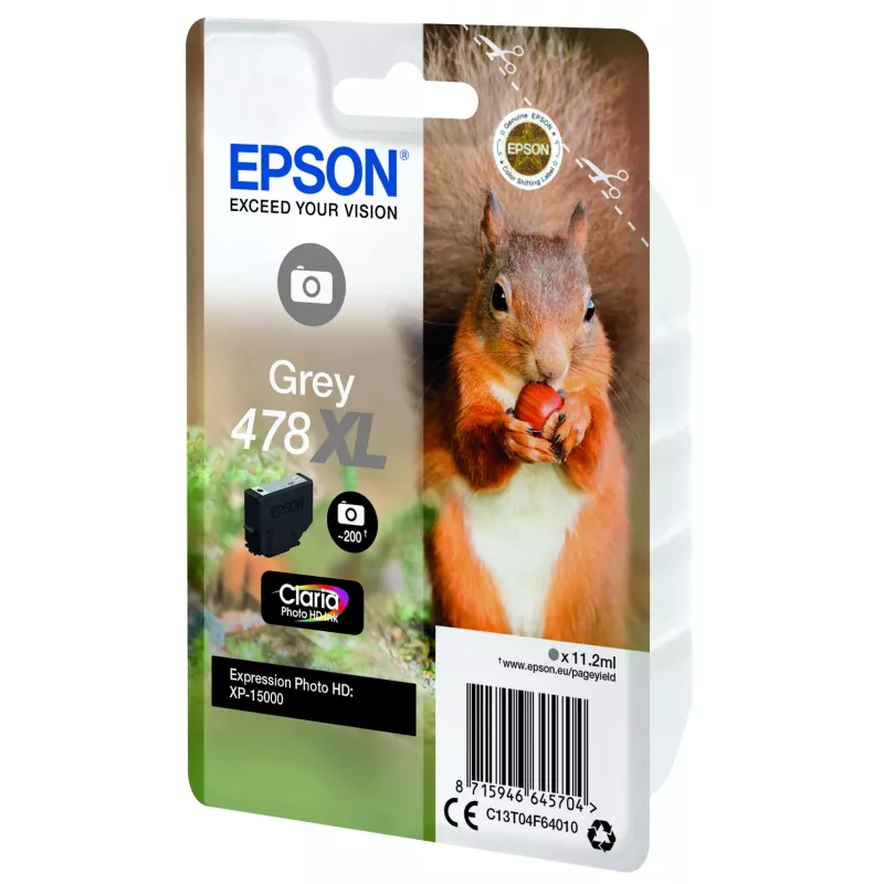 Epson Squirrel Singlepack Grey 478XL Claria Photo HD tint, suure (XL) mahutavusega, hall, pigipõhine tint, 11,2 ml, 1 tk, 200 lehekülge