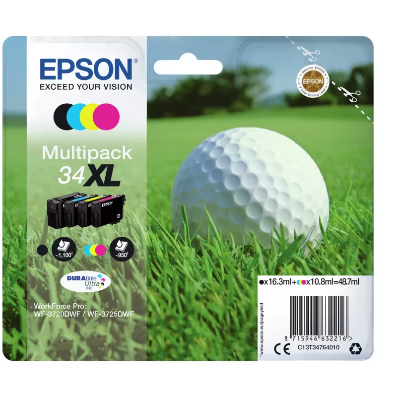 Epson Golf ball Multipack 4-värvi 34XL DURABrite Ultra Ink, suur (XL) saagis, must, tsüaan, magenta, kollane, pigmendipõhine tint, 16,3 ml, 10,8 ml, 1 tk