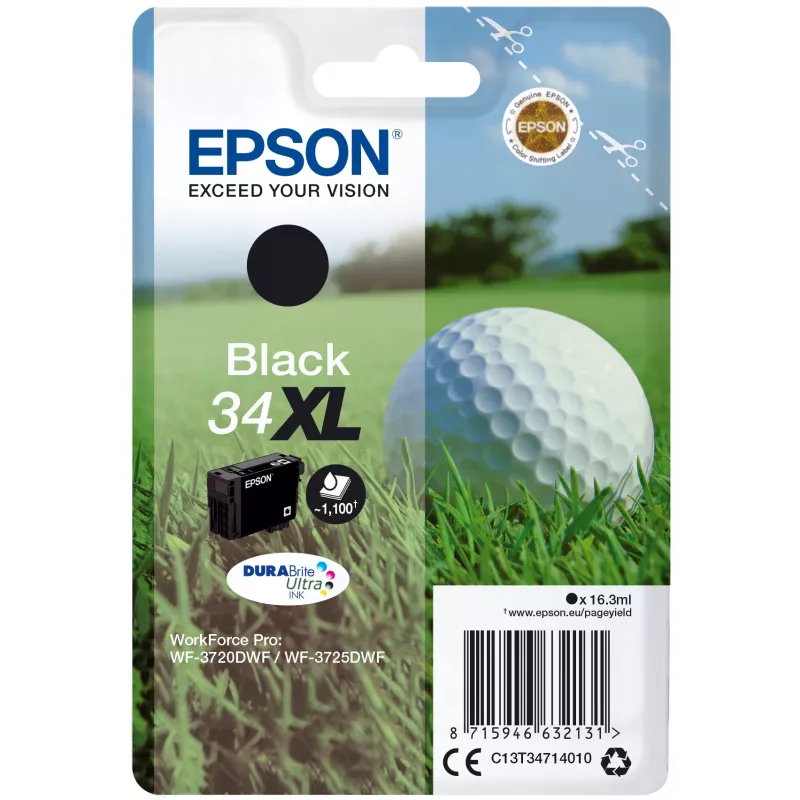 Epson Golf ball üksikpakend must 34XL DURABrite Ultra tint, kõrge (XL) saagis, must, pigmendipõhine tint, 16,3 ml, 1 tk, 1100 lehekülge