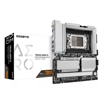 GIGABYTE TRX50 AERO D emaplaat – toetab AMD Ryzen Threadripper 9000 seeria protsessoreid, 16+8+4 faasi digitaalne VRM, kuni 7800MHz DDR5 (OC), 3xPCIe 5.0 + 1xPCIe 4.0 M.2, Wi-Fi 7, 10GbE LAN, USB4