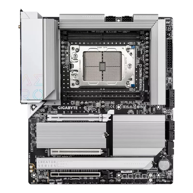 GIGABYTE TRX50 AERO D emaplaat – toetab AMD Ryzen Threadripper 9000 seeria protsessoreid, 16+8+4 faasi digitaalne VRM, kuni 7800MHz DDR5 (OC), 3xPCIe 5.0 + 1xPCIe 4.0 M.2, Wi-Fi 7, 10GbE LAN, USB4