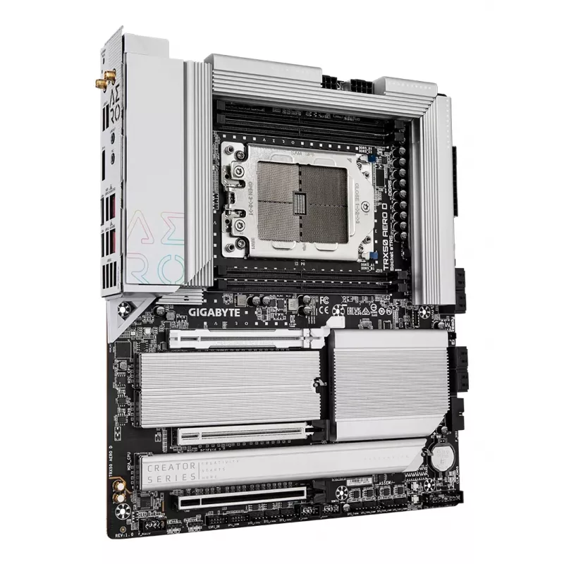 GIGABYTE TRX50 AERO D emaplaat – toetab AMD Ryzen Threadripper 9000 seeria protsessoreid, 16+8+4 faasi digitaalne VRM, kuni 7800MHz DDR5 (OC), 3xPCIe 5.0 + 1xPCIe 4.0 M.2, Wi-Fi 7, 10GbE LAN, USB4