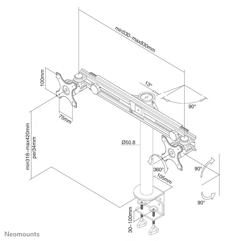 Neomounts FPMA-D700D Monitori käsi 19-30 tolli, Klambriga, 8 kg, 48,3 cm (19 tolli), 76,2 cm (30 tolli), 100 x 100 mm, Must