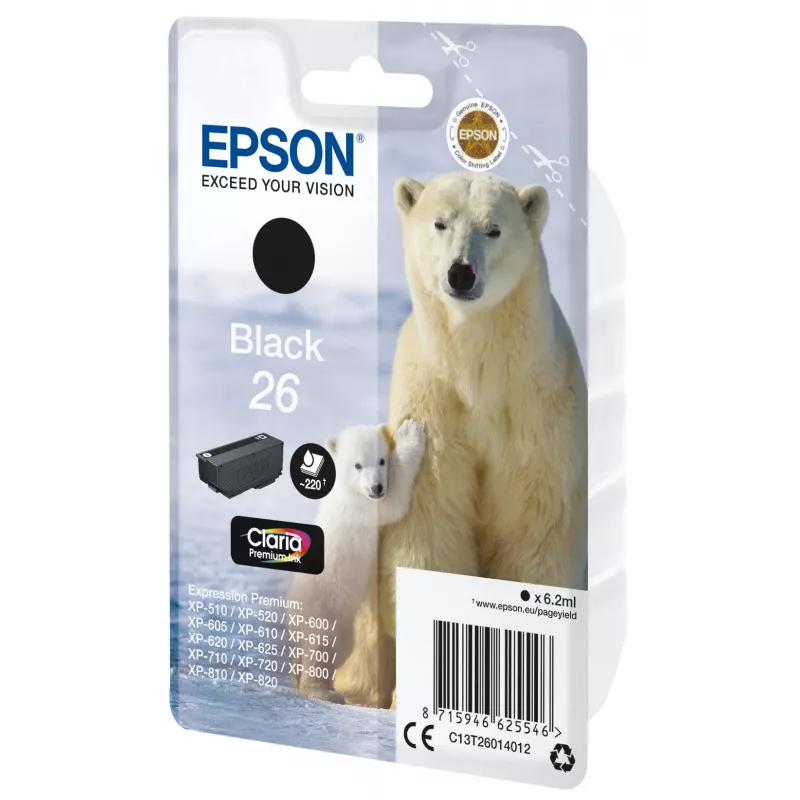 Epson Polar bear Singlepack Must 26 Claria Premium Ink, Standard Yield, Must, Pigment-based tint, 6,2 ml, 1 tk, 220 lehekülge