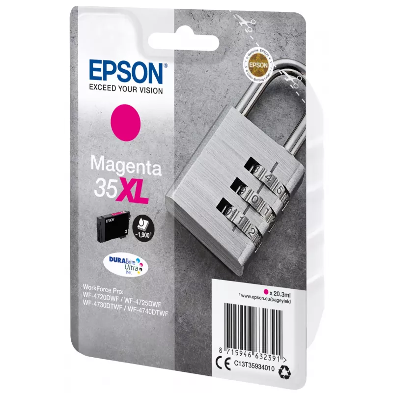 Epson Padlock üksikpakend magenta 35XL DURABrite Ultra tint, kõrge (XL) saagis, magenta, pigmendipõhine tint, 20.3 ml, 1 tk, 1900 lehekülge