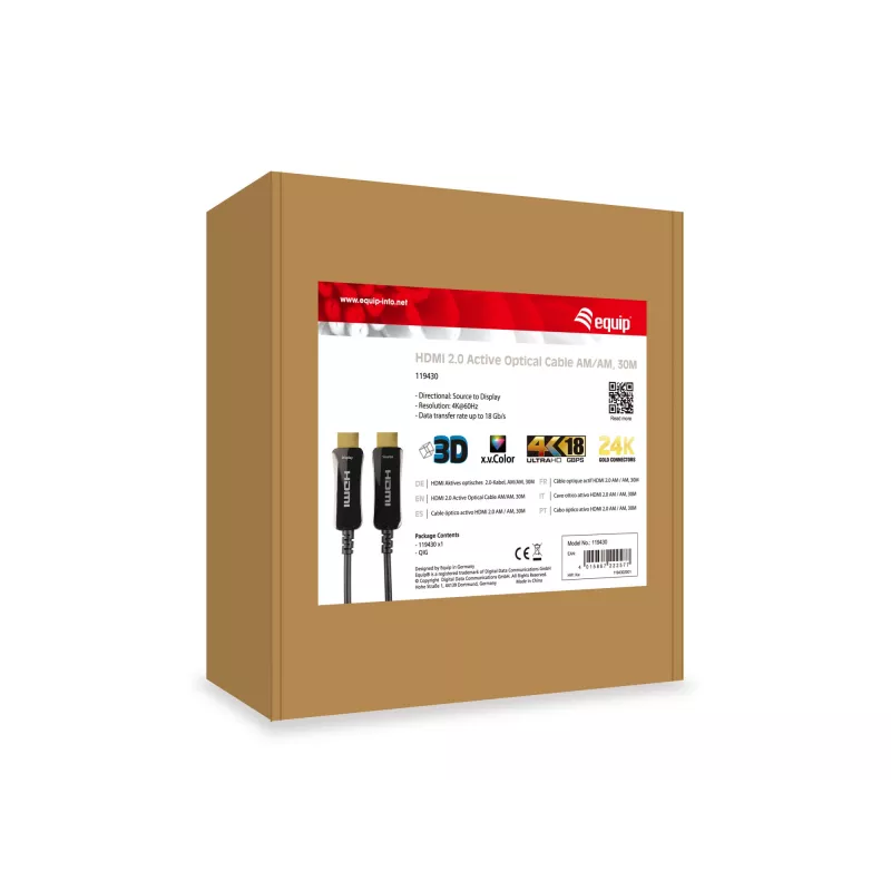 Equip HDMI 2.0 aktiivne optiline kaabel, M/M, 30m, 30 m, HDMI tüüp A (standard), HDMI tüüp A (standard), 3D, 18 Gbit/s, Must
