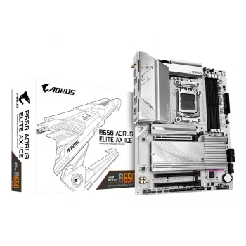 GIGABYTE B650 AORUS ELITE AX ICE emaplaat – toetab AMD Ryzen 9000 protsessoreid, 12+2+2 faasi digitaalne VRM, kuni 8000 MHz DDR5 (OC), 1xPCIe 5.0 + 2xPCIe 4.0 M.2, Wi-Fi 6E, 2.5GbE LAN, USB 3.2 Gen 2x2