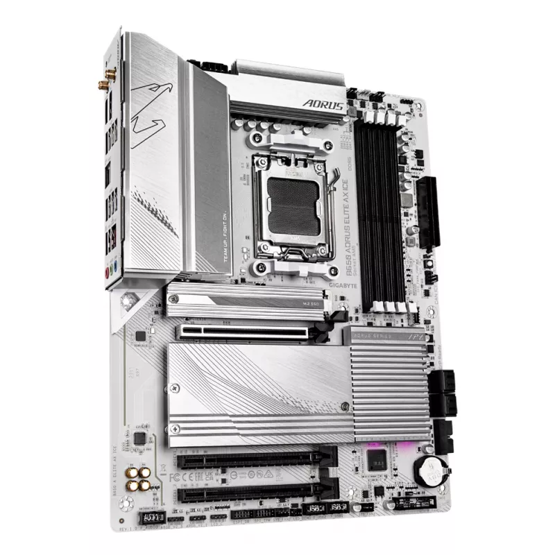GIGABYTE B650 AORUS ELITE AX ICE emaplaat – toetab AMD Ryzen 9000 protsessoreid, 12+2+2 faasi digitaalne VRM, kuni 8000 MHz DDR5 (OC), 1xPCIe 5.0 + 2xPCIe 4.0 M.2, Wi-Fi 6E, 2.5GbE LAN, USB 3.2 Gen 2x2