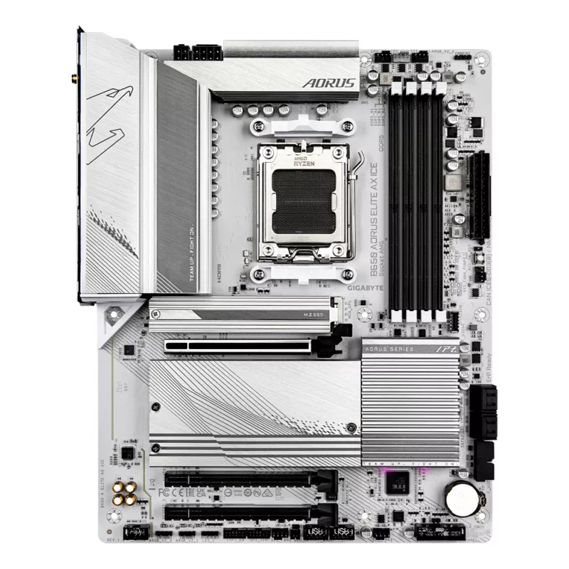 GIGABYTE B650 AORUS ELITE AX ICE emaplaat – toetab AMD Ryzen 9000 protsessoreid, 12+2+2 faasi digitaalne VRM, kuni 8000 MHz DDR5 (OC), 1xPCIe 5.0 + 2xPCIe 4.0 M.2, Wi-Fi 6E, 2.5GbE LAN, USB 3.2 Gen 2x2
