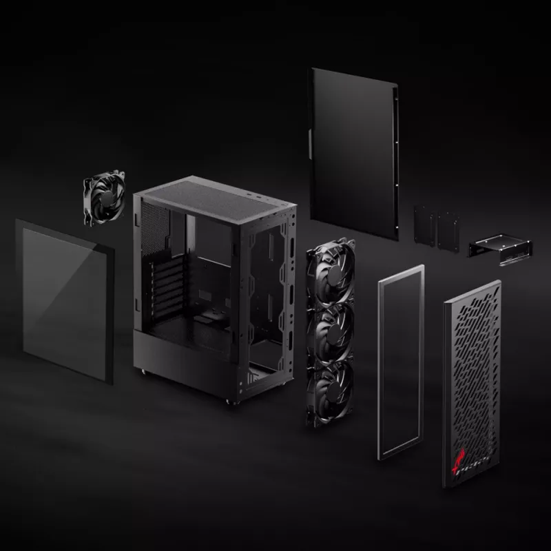 XPG VALOR AIR Mid-Tower Must, Midi Tower, PC, Must, ATX, micro ATX, Mini-ATX, Süsinikteras, Karastatud klaas, 16.6 cm