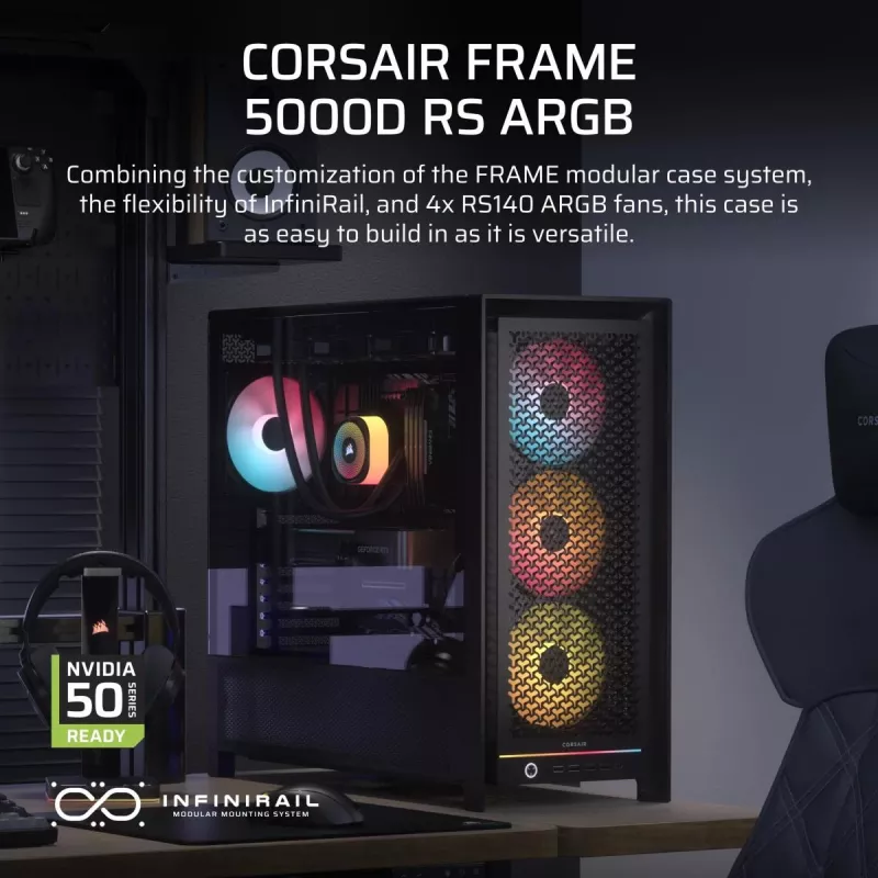 Arvuti korpus CORSAIR FRAME 5000D RS ARGB Midi Tower Must — ATX, toetab 3x140mm esiventilaatoreid, 2.5/3.5-tolliseid draive
