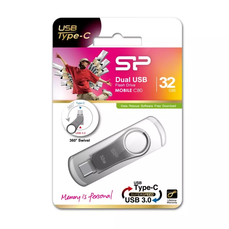 SILICON POWER Mobile C80 - 32 GB kahe USB-liidesega mälupulk - USB-C / Type-A - hall