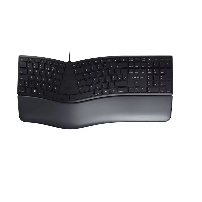 Juhtmega ergonoomiline täissuuruses klaviatuur Cherry KC 4500 ERGO Must USB QWERTY UK 109 klahvi kõvera paigutusega randmetugi 1,8 m kaabel