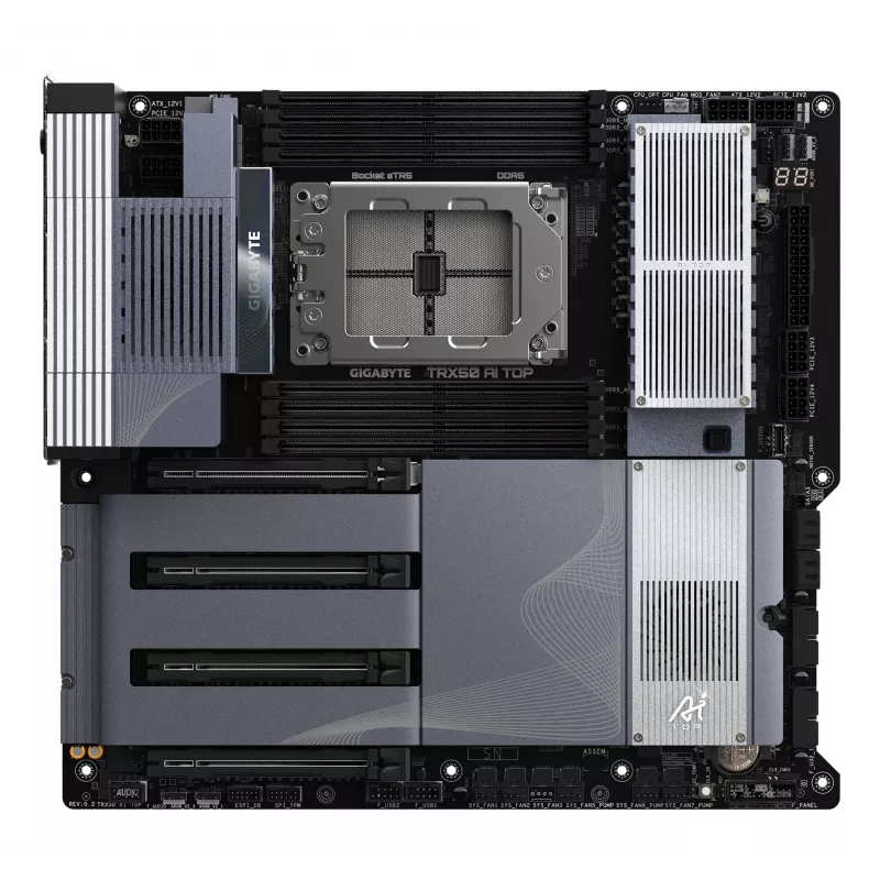 GIGABYTE TRX50 AI TOP-2B emaplaat - AMD Ryzen Threadripper PRO 7000 protsessoritele, 16+8+4 faasi digitaalne VRM, kuni 5200 MHz DDR5, 4xPCIe 5.0 M.2, Wi-Fi 7, 10 GbE LAN, USB 4