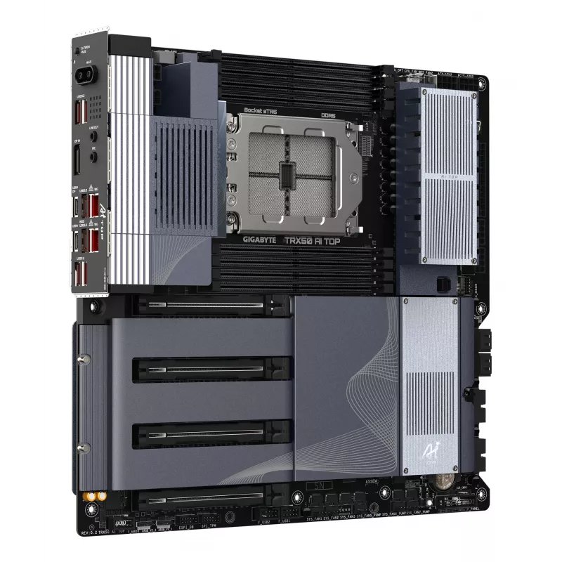 GIGABYTE TRX50 AI TOP-2B emaplaat - AMD Ryzen Threadripper PRO 7000 protsessoritele, 16+8+4 faasi digitaalne VRM, kuni 5200 MHz DDR5, 4xPCIe 5.0 M.2, Wi-Fi 7, 10 GbE LAN, USB 4