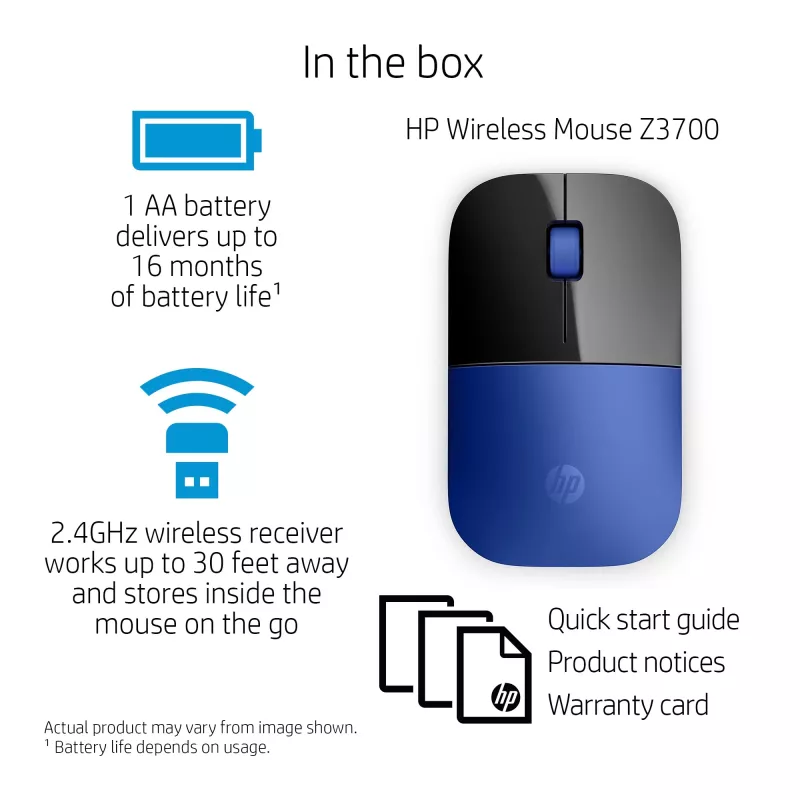 HP Z3700 sinine juhtmevaba hiir, kahekäeline, optiline, RF-juhtmevaba, 1200 DPI, sinine
