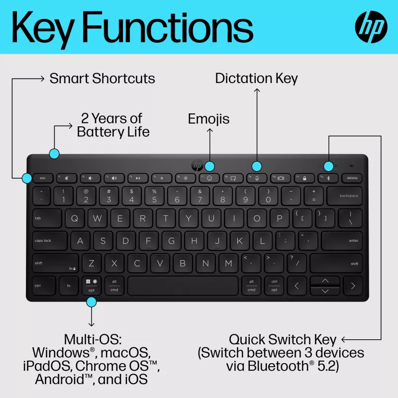 HP 355 kompaktne Bluetooth-klaviatuur — juhtmeta mehaaniliste klahvidega, must, 0,34 kg