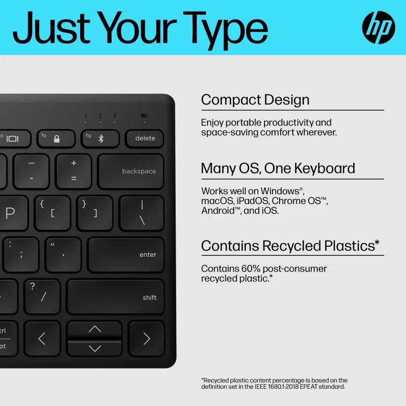 HP 355 kompaktne Bluetooth-klaviatuur — juhtmeta mehaaniliste klahvidega, must, 0,34 kg