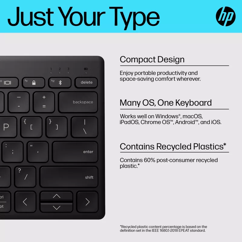 HP 355 kompaktne Bluetooth-klaviatuur — juhtmeta mehaaniliste klahvidega, must, 0,34 kg