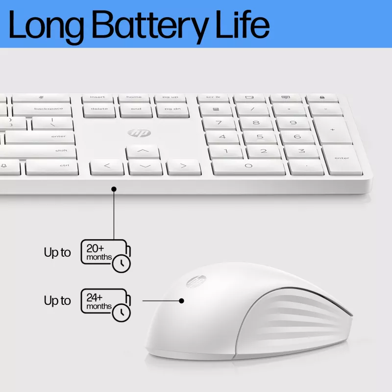 Juhtmeta klaviatuuri ja hiire komplekt HP 655 täissuuruses valge