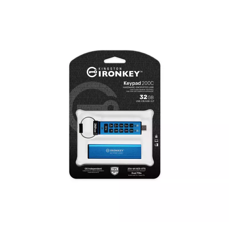 Kingston Technology IronKey 32GB USB-C klaviatuuriga 200C, FIPS 140-3 tase 3, AES-256