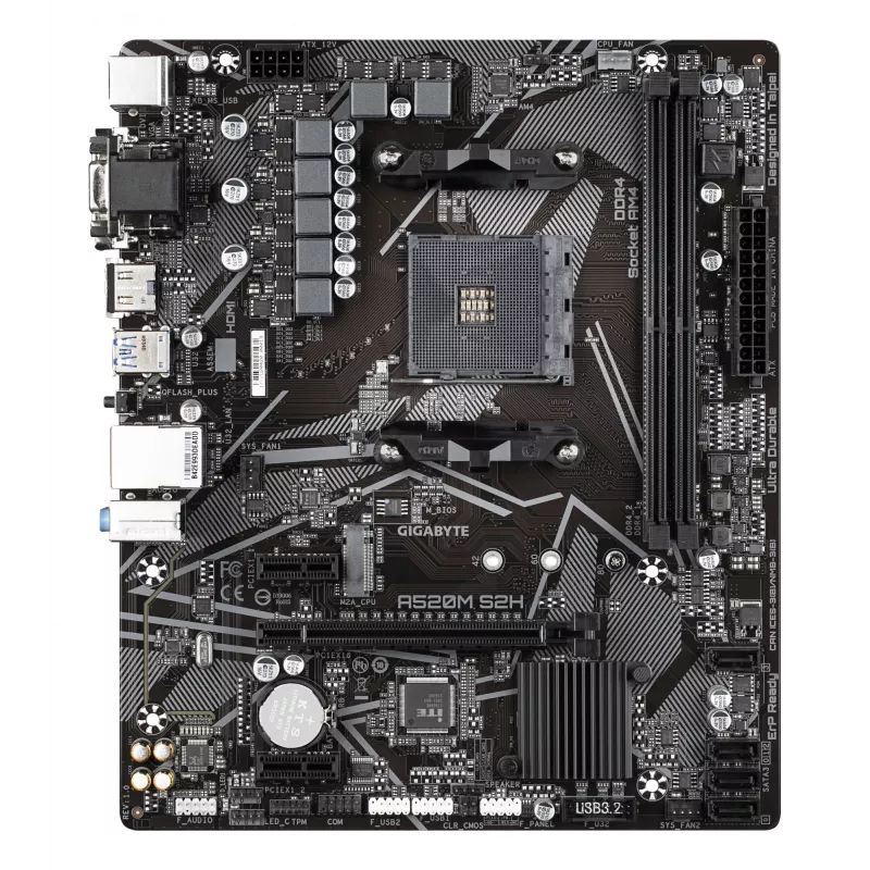 GIGABYTE A520M S2H emaplaat - toetab AMD Ryzen 5000 seeria AM4 protsessoreid, 4+3 faasiline puhas digitaalne VRM, kuni 5100 MHz DDR4 (OC), PCIe 3.0 x4 M.2, GbE LAN, USB 3.2 Gen 1