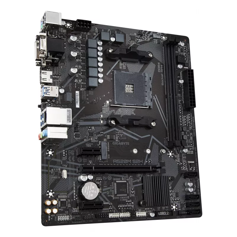 GIGABYTE A520M S2H emaplaat - toetab AMD Ryzen 5000 seeria AM4 protsessoreid, 4+3 faasiline puhas digitaalne VRM, kuni 5100 MHz DDR4 (OC), PCIe 3.0 x4 M.2, GbE LAN, USB 3.2 Gen 1