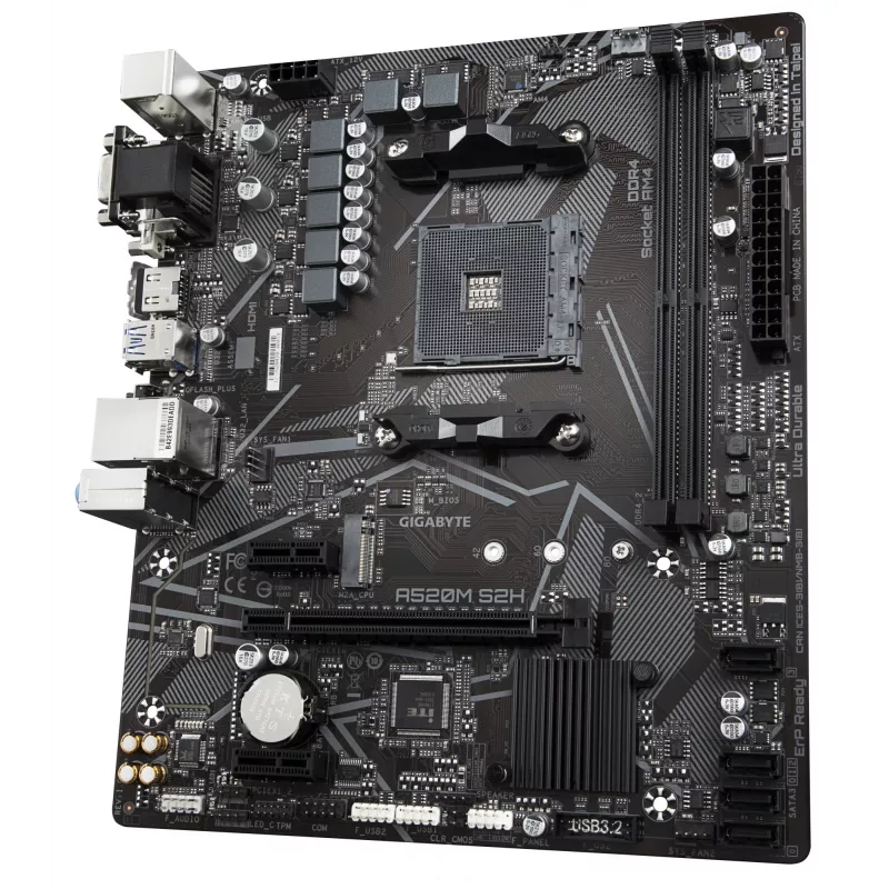 GIGABYTE A520M S2H emaplaat - toetab AMD Ryzen 5000 seeria AM4 protsessoreid, 4+3 faasiline puhas digitaalne VRM, kuni 5100 MHz DDR4 (OC), PCIe 3.0 x4 M.2, GbE LAN, USB 3.2 Gen 1