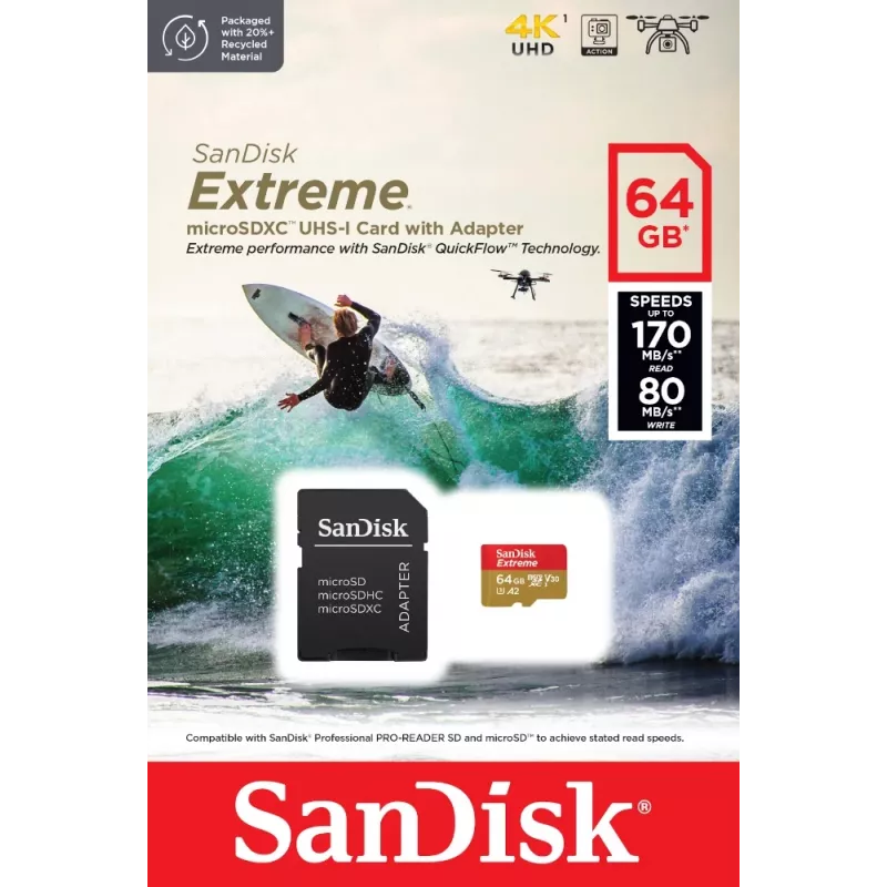 WESTERN DIGITAL Extreme microSDXC 64GB SD-adapter märulikaameratele ja droonidele 170MB/s 80MB/s A2 C10 V30 UHS-I U3