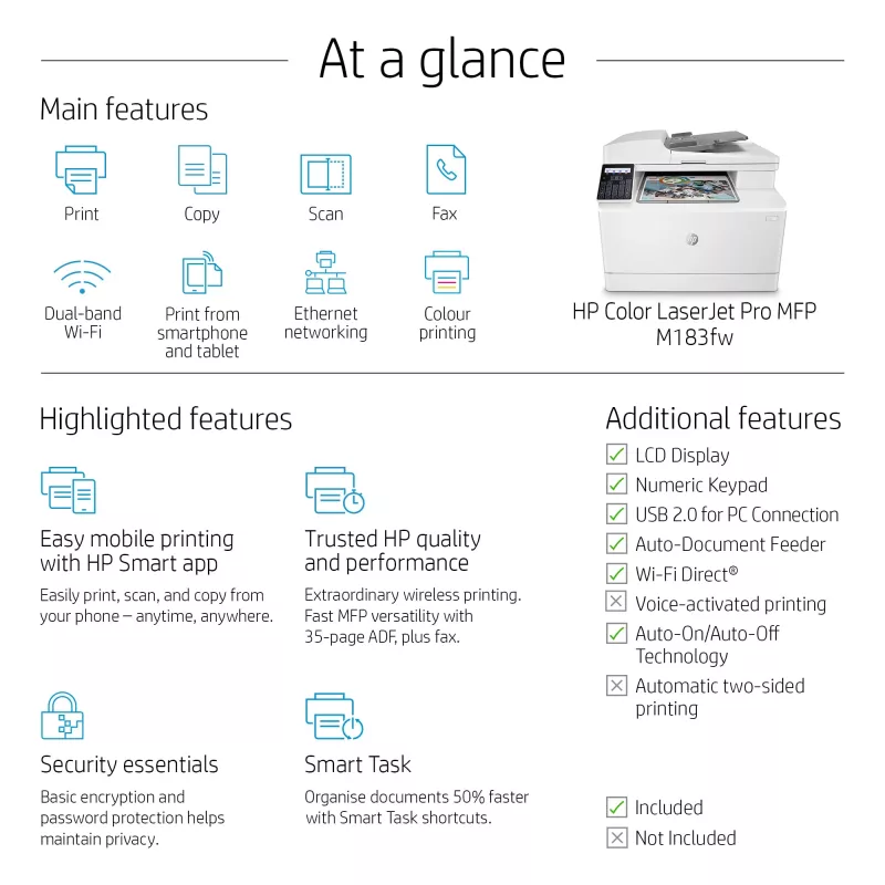 HP Color LaserJet Pro MFP M183fw, Laser, värviprinter, 600 x 600 DPI, A4, otseprintimine, valge