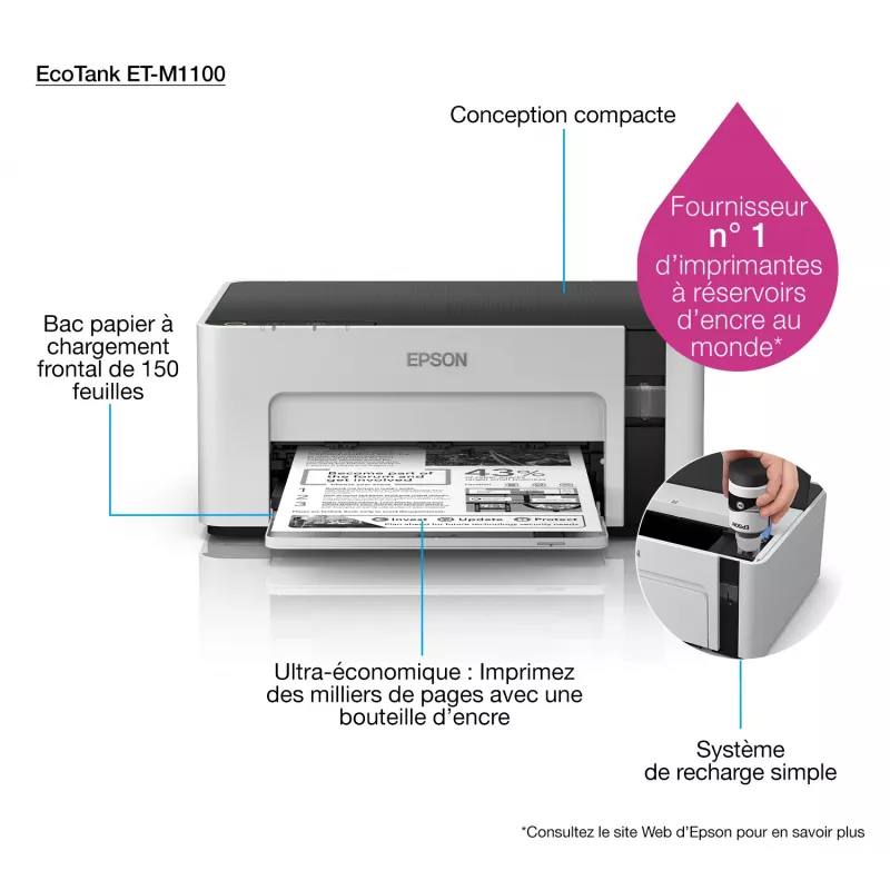 Inkjet-printer Epson EcoTank ET‑M1100 — monokroom, A4, 32 ppm, 1440×720 dpi, integreeritud tindipaak, USB 2.0, hall/must