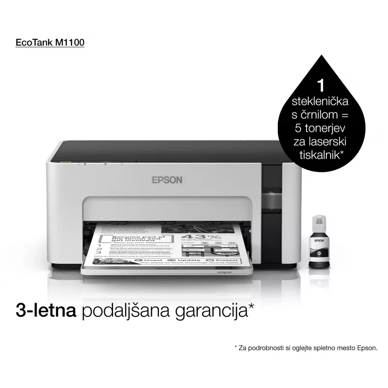 Inkjet-printer Epson EcoTank ET‑M1100 — monokroom, A4, 32 ppm, 1440×720 dpi, integreeritud tindipaak, USB 2.0, hall/must