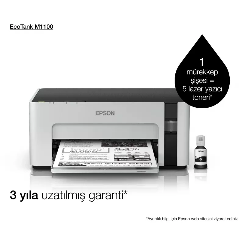 Inkjet-printer Epson EcoTank ET‑M1100 — monokroom, A4, 32 ppm, 1440×720 dpi, integreeritud tindipaak, USB 2.0, hall/must