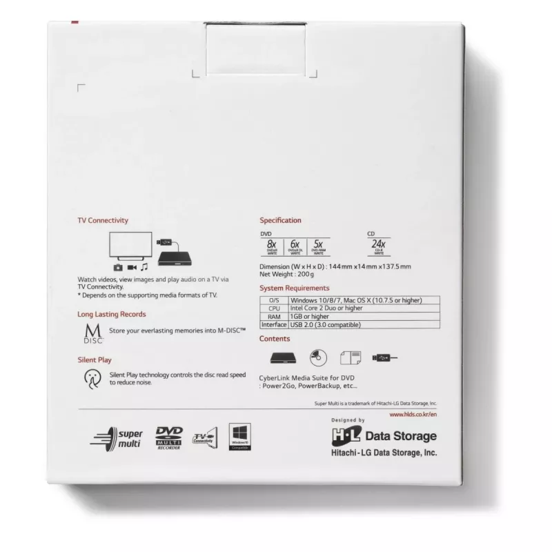 HITACHI-LG DATA STORAGE õhuke kaasaskantav DVD-kirjutaja - Gp60nw60 - USB 2.0 - valge