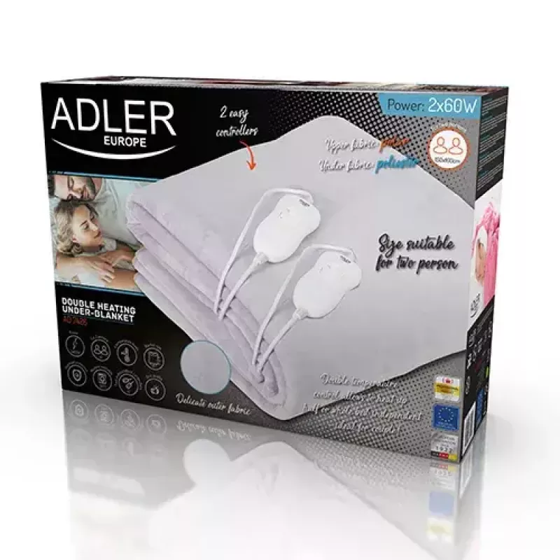 Elektriline voodisoojendaja Adler AD 7426, fliis, 160×150 mm, 60 W, 4 kuumutusastet, 2 inimesele, eemaldatav kaabel