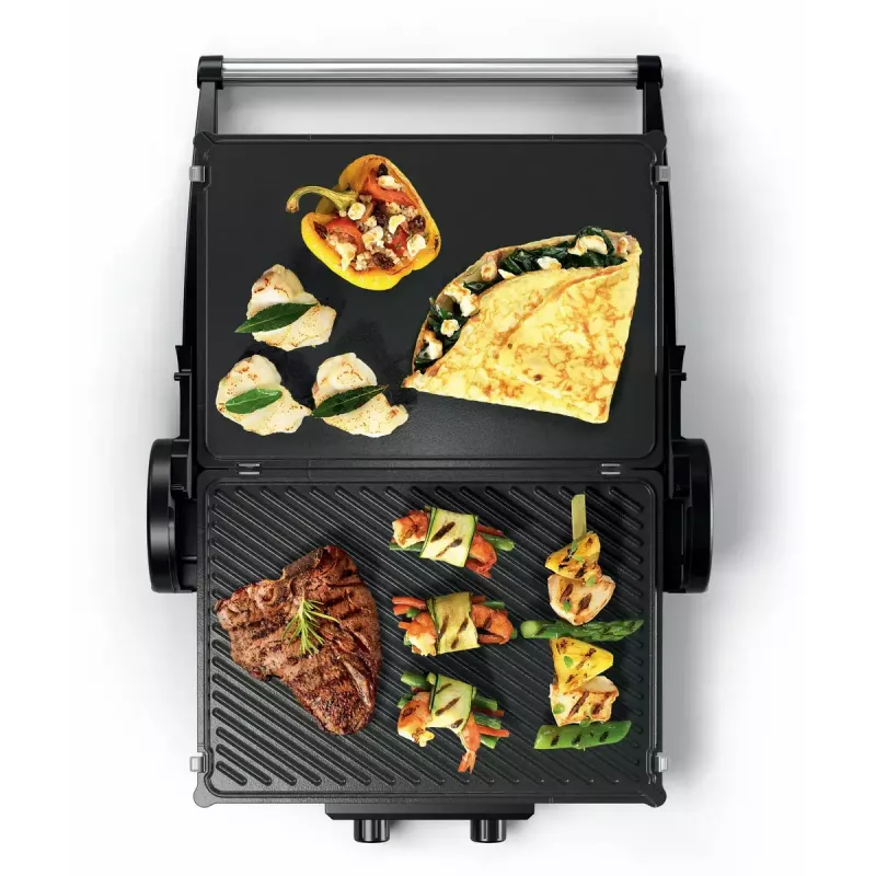 Kontaktgrill Bosch TCG4104 — 2000 W, ristkülikukujuline, reguleeritav termostaat, küpsetuspind 328×238 mm, punane