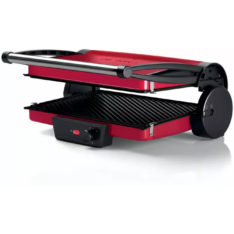Kontaktgrill Bosch TCG4104 — 2000 W, ristkülikukujuline, reguleeritav termostaat, küpsetuspind 328×238 mm, punane