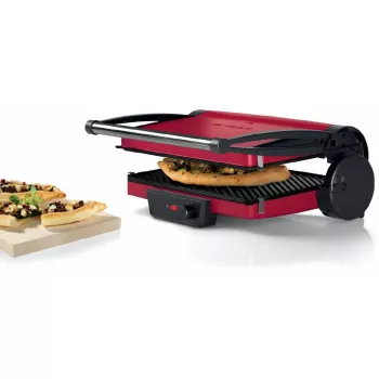 Kontaktgrill Bosch TCG4104 — 2000 W, ristkülikukujuline, reguleeritav termostaat, küpsetuspind 328×238 mm, punane
