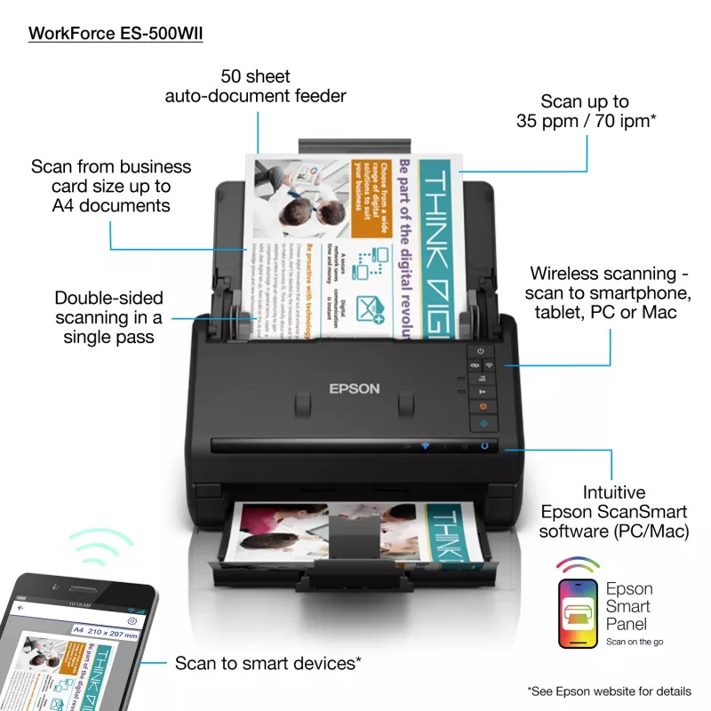 Epson WorkForce ES-500WII lehtedega skanner 600 x 600 DPI A4 must