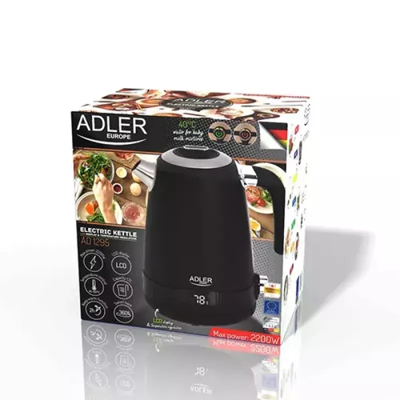 Elektriline veekeetja Adler 1 L 2200 W Must Roostevaba teras