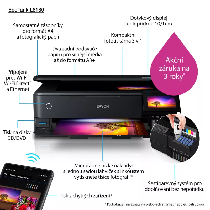 Multifunktsionaalne tindiprinter Epson EcoTank L8180 — A3+, värviline, 5760x1440 DPI, 32 ppm, dupleks, Wi‑Fi, Ethernet