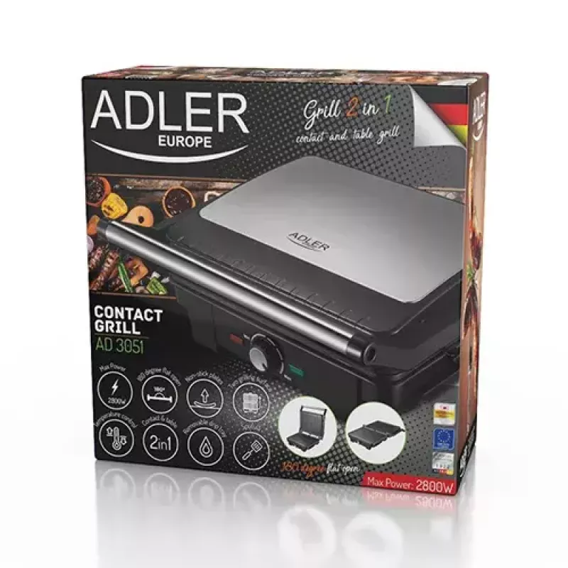 Kontaktgrill Adler AD 3051 — roostevaba teras, 2200–2800 W, grillpind 1392 cm², reguleeritav temperatuur, mittenakkuvad plaadid