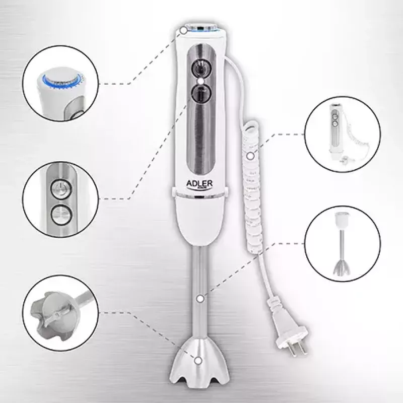 Sukelmikser Adler AD 4625w — käsimikser, 5 kiirust, turbo, 1500 W, roostevabast terasest tera, hõbe/valge