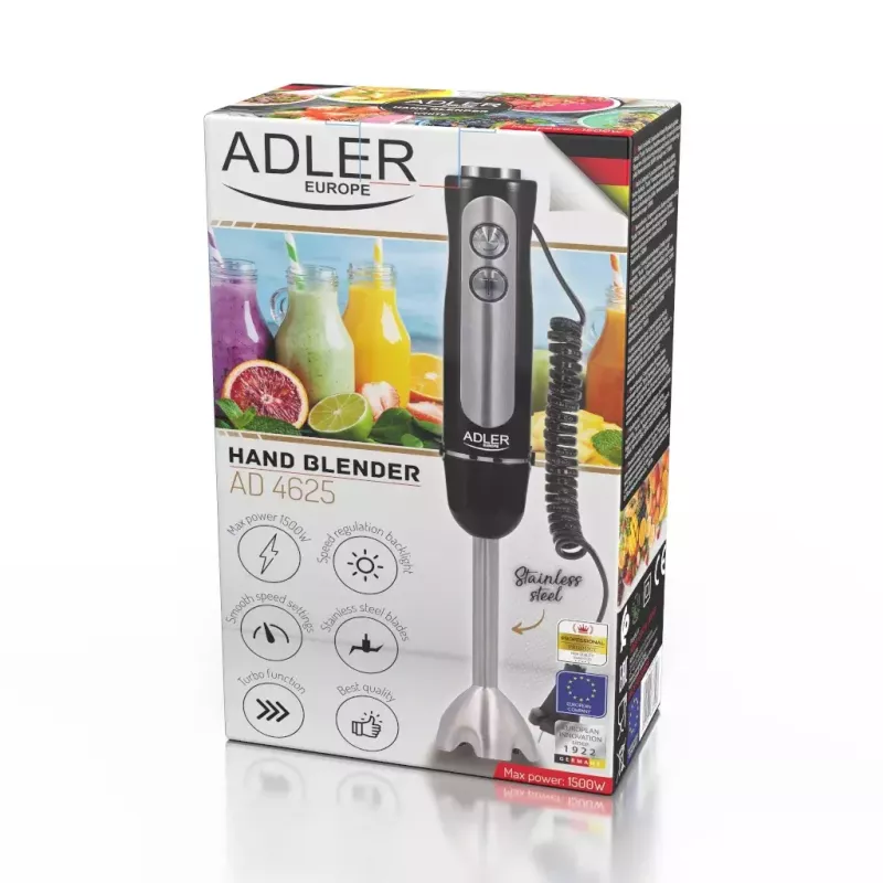 Sukelmikser Adler AD 4625B — saumikser, 1500 W max, 850 W nimivõimsus, 5 kiirust, mehaaniline juhtimine, turbo, roostevabast terasest tera, must