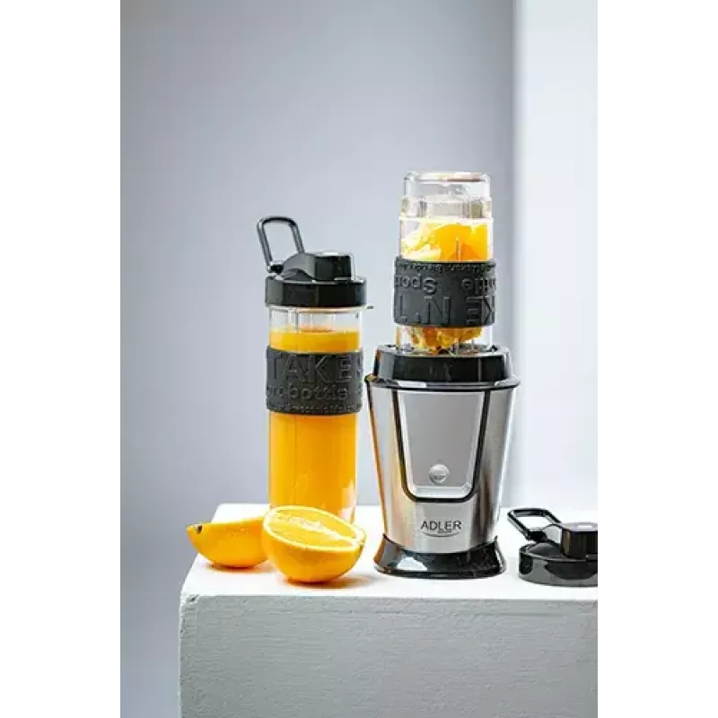 Spordiblender Adler AD 4081 — kaasaskantav personalblender, 800 W tippvõimsus, 0,57 l tops, roostevabast terasest tera, 2 pudelit