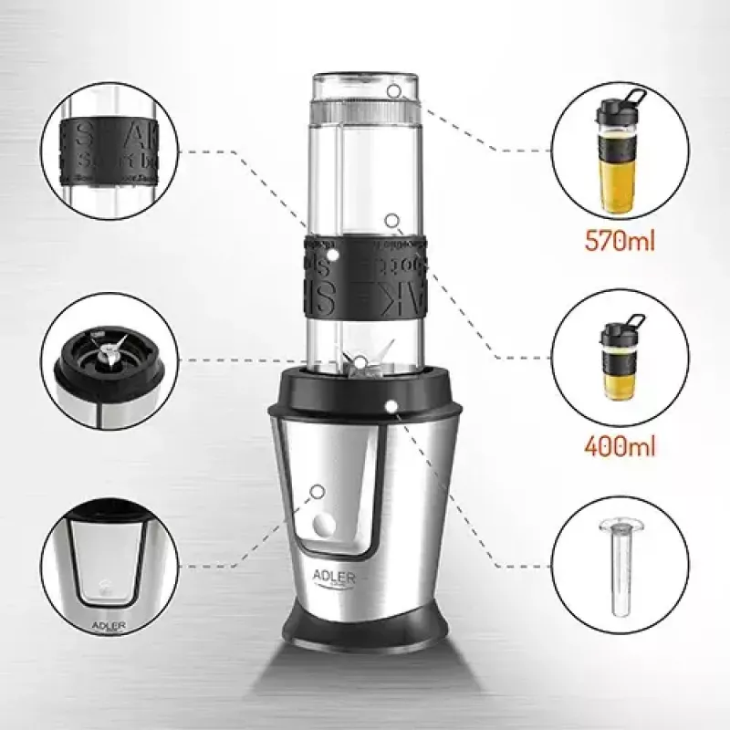 Spordiblender Adler AD 4081 — kaasaskantav personalblender, 800 W tippvõimsus, 0,57 l tops, roostevabast terasest tera, 2 pudelit